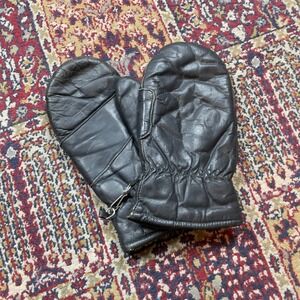 VTG 40s 50s Black Deerskin Leather Mittens Fleece Lining Metal Clip Thick Warm